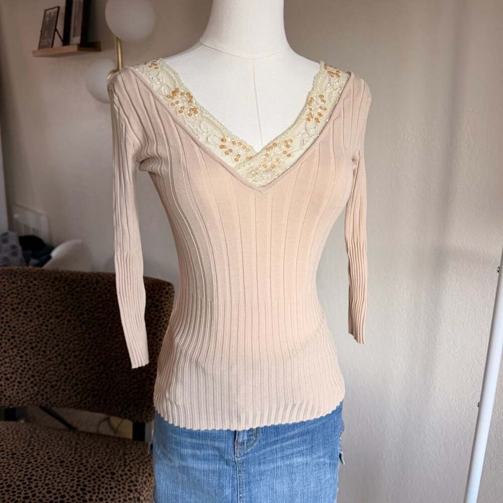 Cache Pullover Sweater Size S Beige Ribbed Knit Lace Trim